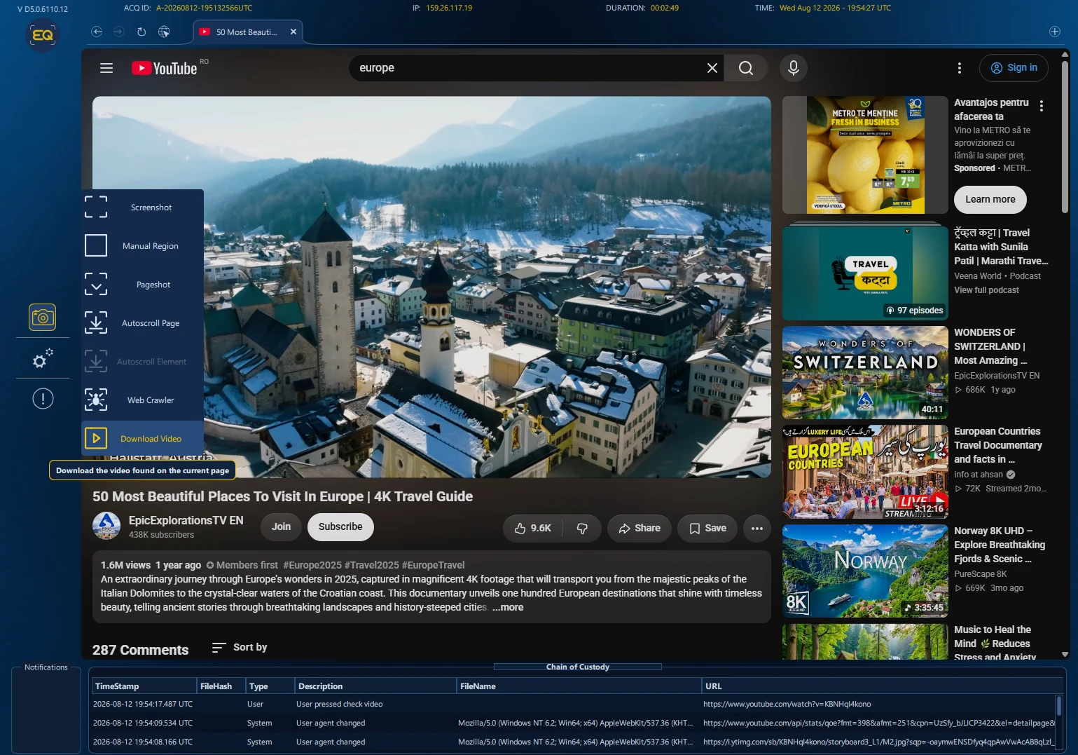 Eviquire demonstration showing video playback in a web acquisition.